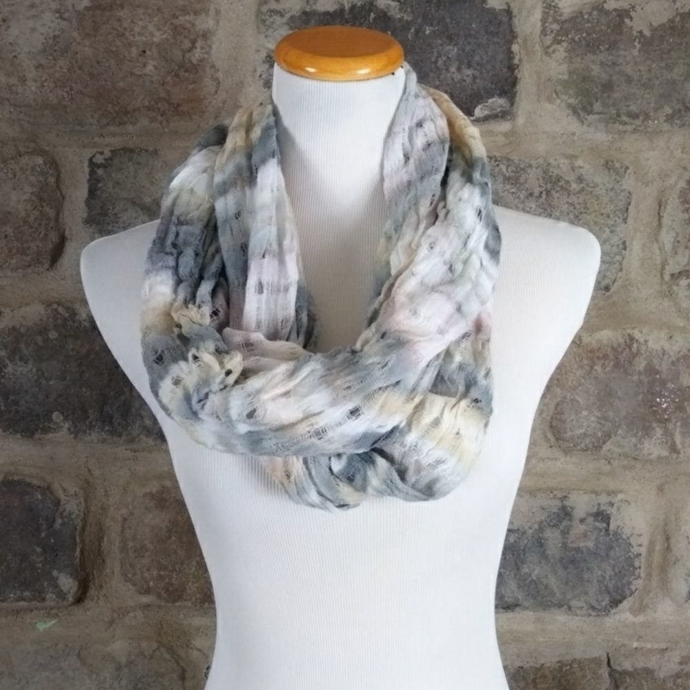 Grey Cream Tie Dye Infinity Scarf Lightweight Open Weave Gauze Boho Loop Scarf
